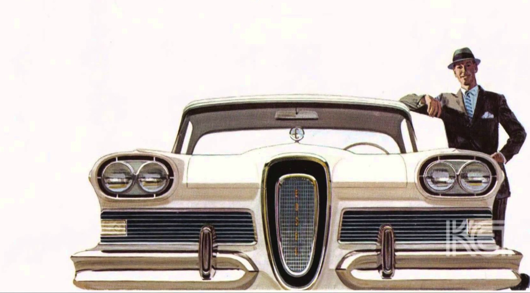 Vintage rendering of a man with an antique car 